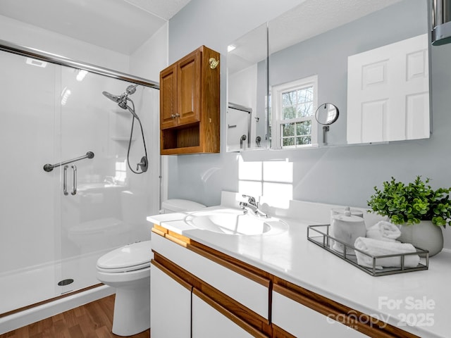 bathroom with vanity, wood-type flooring, a shower with shower door, and toilet