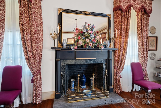 interior space featuring a premium fireplace, a healthy amount of sunlight, and dark hardwood / wood-style floors