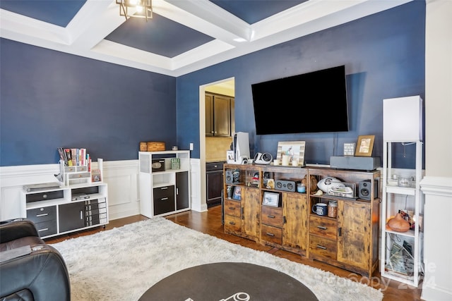 living room featuring beam ceiling, dark hardwood / wood-style floors, crown molding, and coffered ceiling