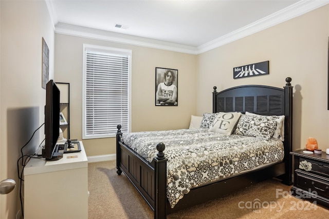 carpeted bedroom with ornamental molding