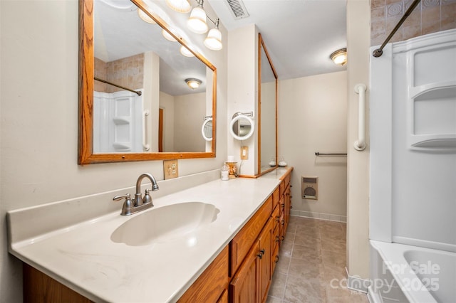 bathroom with shower / washtub combination, heating unit, visible vents, vanity, and tile patterned flooring