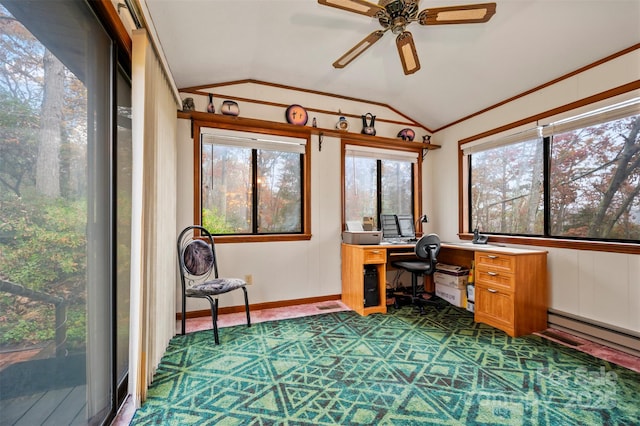 office space featuring lofted ceiling, a healthy amount of sunlight, ceiling fan, and crown molding