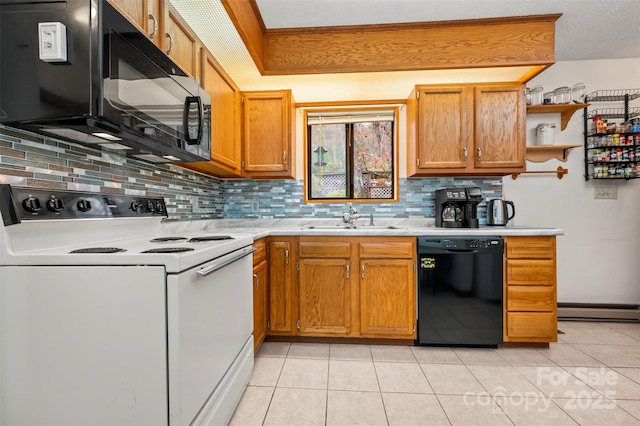 kitchen featuring a sink, light countertops, black appliances, open shelves, and backsplash