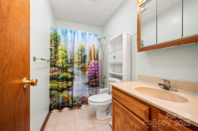 bathroom with toilet, tile patterned flooring, shower / bathtub combination with curtain, and vanity