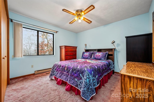 carpeted bedroom featuring baseboards, a baseboard heating unit, ceiling fan, and a textured ceiling