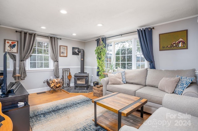 living room with a wood stove, hardwood / wood-style flooring, and plenty of natural light