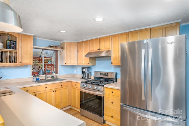 kitchen featuring appliances with stainless steel finishes, light brown cabinets, a textured ceiling, and light hardwood / wood-style floors