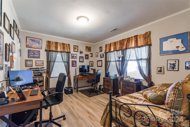 office area featuring crown molding and hardwood / wood-style floors