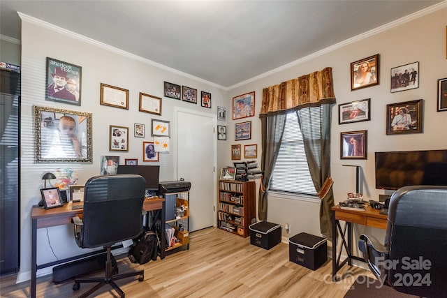 office with ornamental molding and light hardwood / wood-style floors