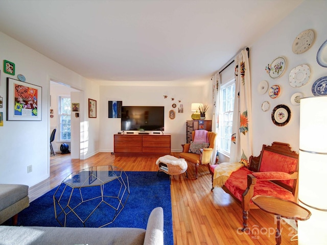 living room featuring a wealth of natural light and light hardwood / wood-style flooring