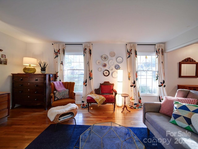 living room featuring a wealth of natural light and hardwood / wood-style flooring