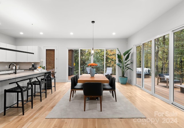 dining area with sink and light hardwood / wood-style floors