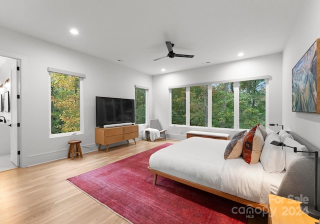 bedroom featuring light wood-type flooring and ceiling fan