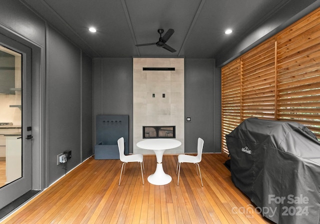 home office featuring ceiling fan and light wood-type flooring