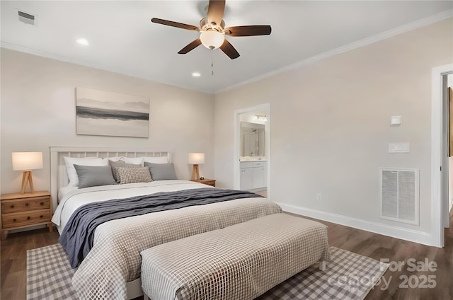 6296 Raven Rock Dr Unit 725, Denver, NC 28037 - bedroom featuring wood finished floors, ornamental molding, baseboards, recessed lighting, and connected bathroom