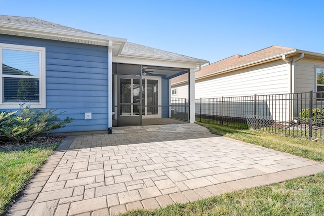 6296 Raven Rock Dr Unit 725, Denver, NC 28037 - rear view of property with a ceiling fan, a patio, a sunroom, fence, and a shingled roof