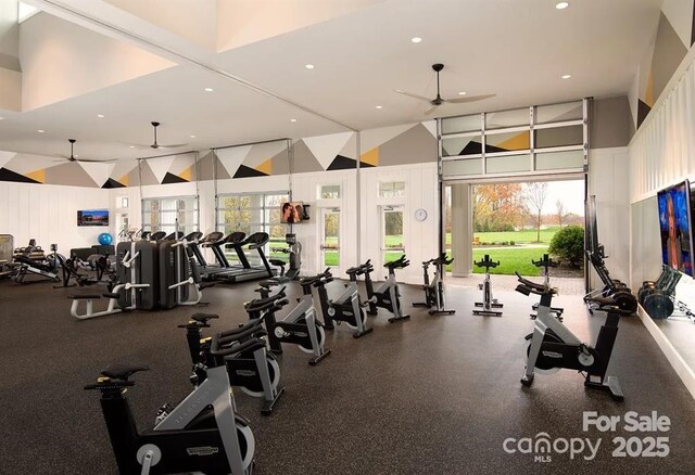 6296 Raven Rock Dr Unit 725, Denver, NC 28037 - gym featuring a ceiling fan, recessed lighting, plenty of natural light, and a towering ceiling