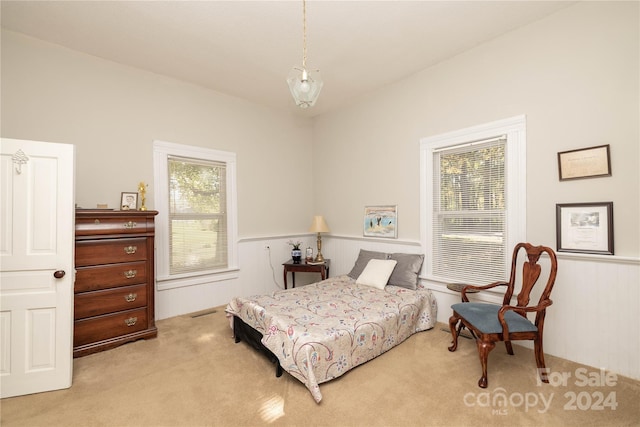 bedroom with wooden walls and light carpet