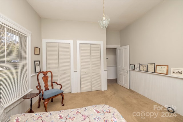 bedroom featuring light colored carpet and two closets