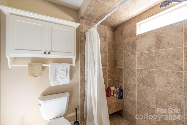 bathroom with toilet and a shower with curtain