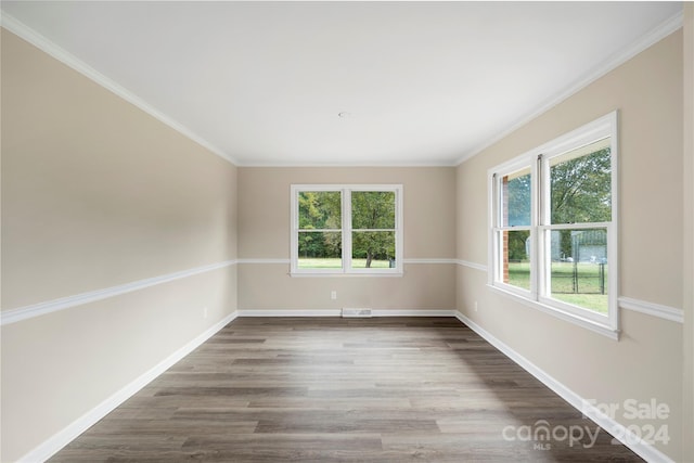 spare room with a wealth of natural light, ornamental molding, and wood-type flooring