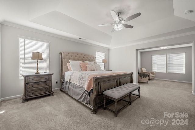 1568 Whitman Ct, York, SC 29745 - bedroom featuring a tray ceiling, light colored carpet, ornamental molding, and a ceiling fan