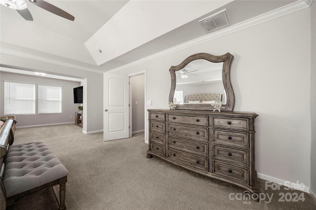 living area featuring ornamental molding, light carpet, lofted ceiling, and ceiling fan