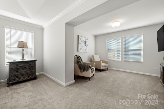 living area featuring ornamental molding and light colored carpet