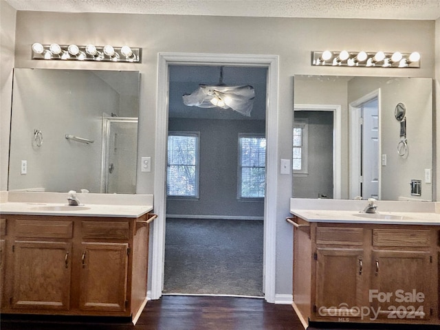 bathroom with hardwood / wood-style flooring, vanity, an enclosed shower, and a textured ceiling