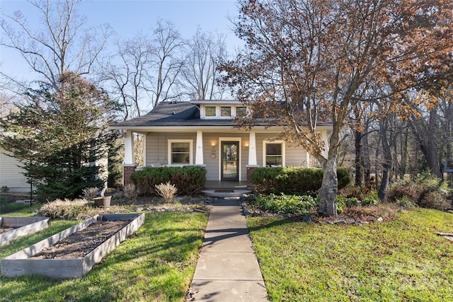 bungalow with covered porch and a front yard