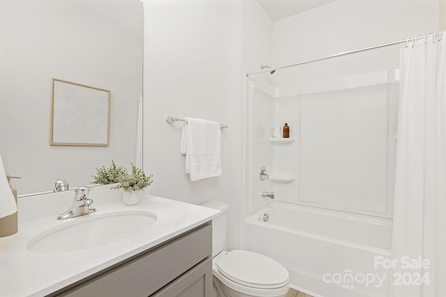 full bathroom with vanity, toilet, and shower / bathtub combination with curtain