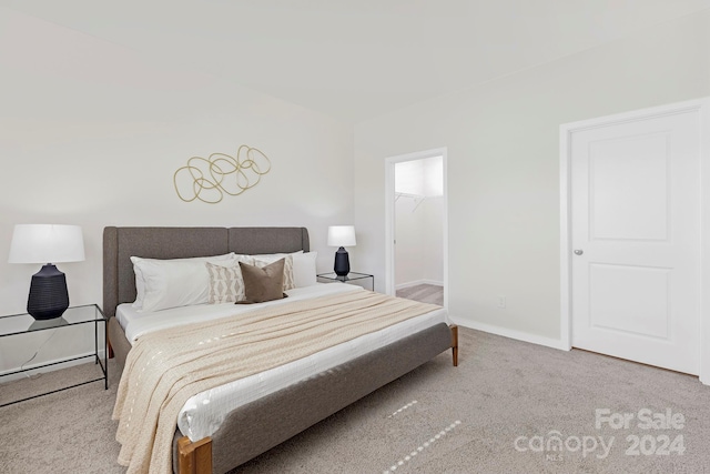 carpeted bedroom with a walk in closet and a closet