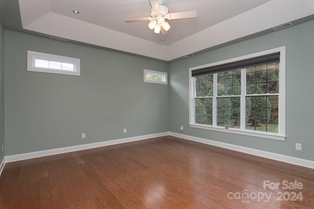 unfurnished room with a tray ceiling, plenty of natural light, and dark hardwood / wood-style floors