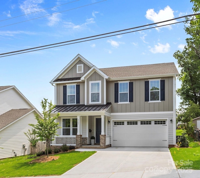 2304 Catalina Ave, Charlotte, NC 28206 - view of front of property featuring concrete driveway, an attached garage, board and batten siding, a standing seam roof, and a porch