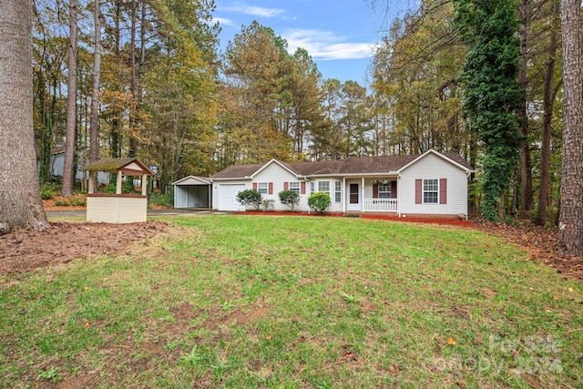 ranch-style home with a front yard, an outdoor structure, covered porch, and a garage