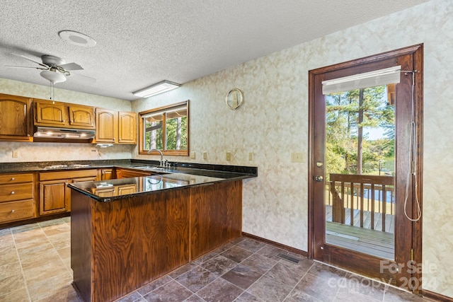 kitchen with stainless steel gas stovetop, kitchen peninsula, a textured ceiling, and a wealth of natural light