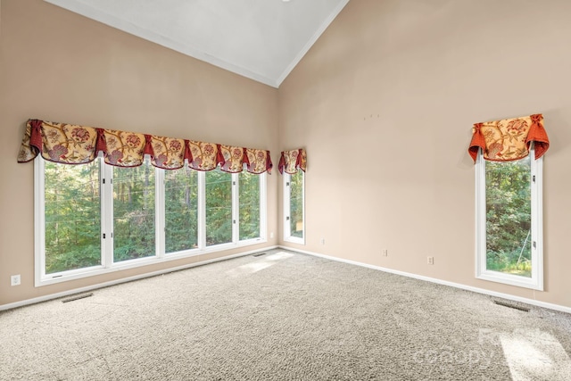 empty room featuring carpet, high vaulted ceiling, and a healthy amount of sunlight