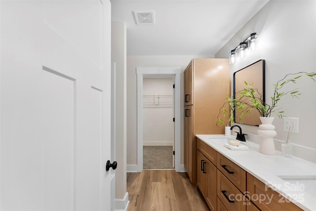 bathroom with vanity and hardwood / wood-style flooring