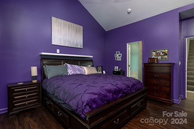 bedroom featuring ensuite bathroom, vaulted ceiling, and dark hardwood / wood-style floors