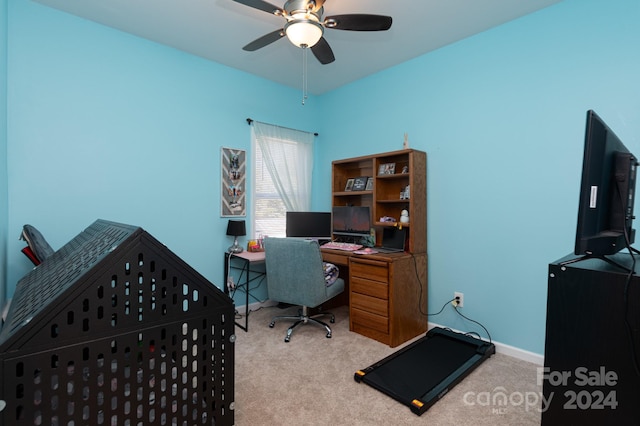 home office with light colored carpet and ceiling fan