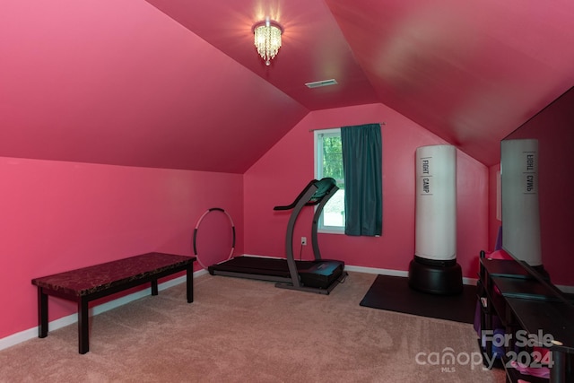 workout room with lofted ceiling and carpet floors