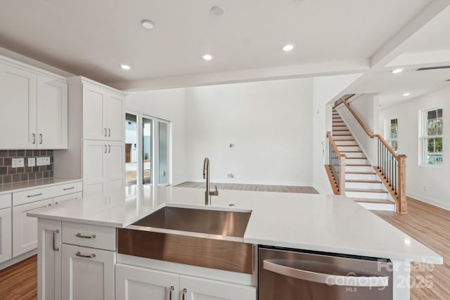 809 Terra Dr, Tega Cay, SC 29708 - kitchen with light wood finished floors, stainless steel dishwasher, light countertops, and a sink