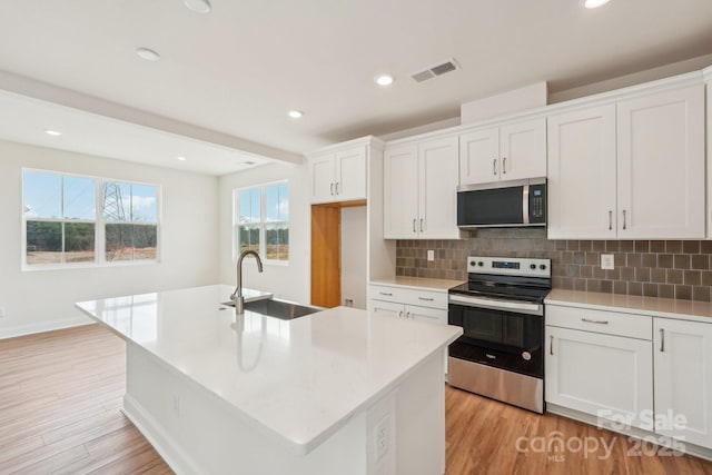 809 Terra Dr, Tega Cay, SC 29708 - kitchen featuring visible vents, a sink, appliances with stainless steel finishes, white cabinets, and decorative backsplash
