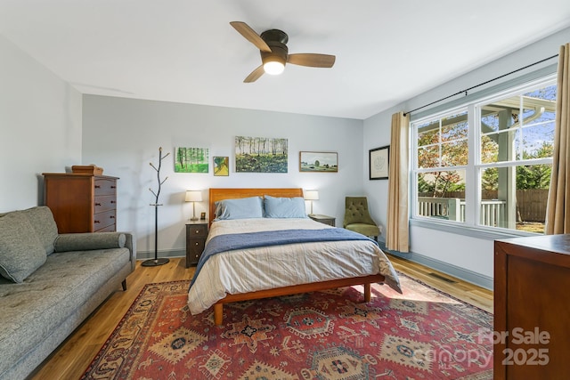 bedroom featuring ceiling fan and hardwood / wood-style floors