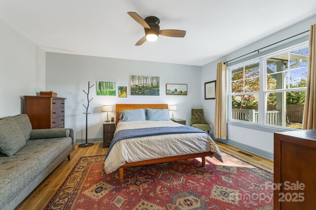 bedroom with ceiling fan and wood-type flooring