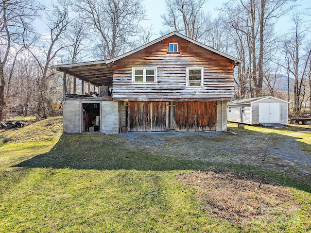 exterior space with a front yard and a storage unit