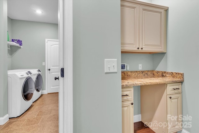 laundry room with recessed lighting, cabinet space, baseboards, and washing machine and clothes dryer