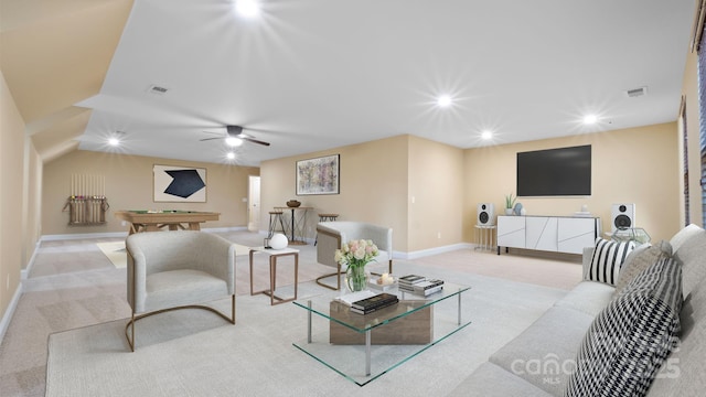 living room featuring ceiling fan, billiards, and light colored carpet