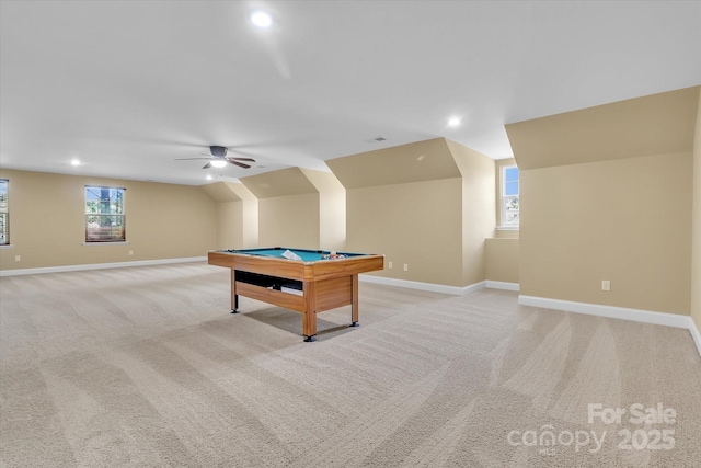 game room with ceiling fan, light colored carpet, pool table, and vaulted ceiling