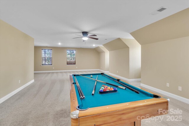 recreation room featuring ceiling fan, lofted ceiling, pool table, and carpet